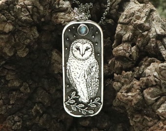 Owl Necklace - Barn Owl Pendant - Silver Owl Necklace - Moonstone Necklace - Moon Necklace