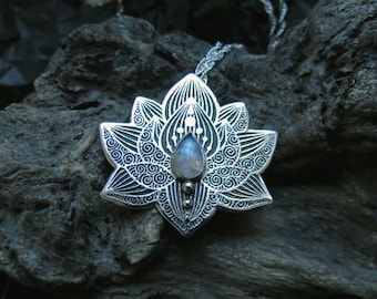 Lotus Yoga Pendant in sterling Silver, Moonstone Chakra Necklace