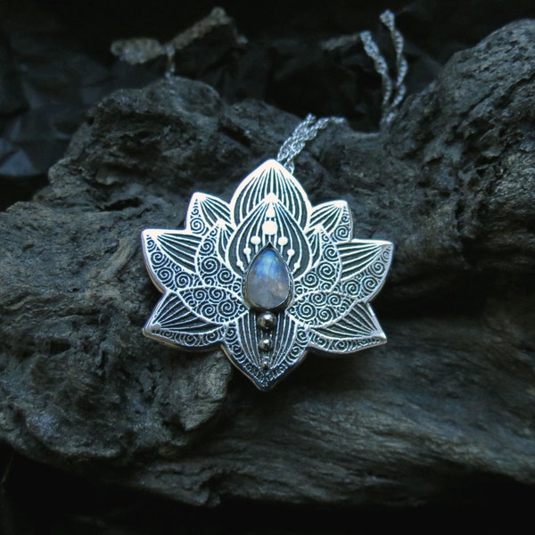 Lotus Yoga Pendant in sterling Silver, Moonstone Chakra Necklace