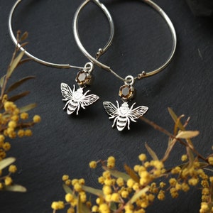 Honey Bee Earrings - Hoops - Hoop Earrings - Dangle Bee Earrings - Honeycomb Earrings - Silver Citrine Earrings - Silver Hoops