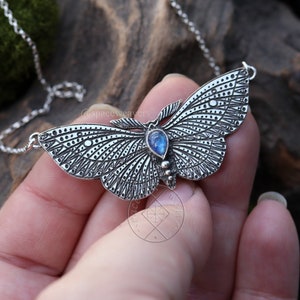 Moth Necklace - Silver Butterfly Necklace - Silver Moth Necklace - Moonstone Moth Necklace