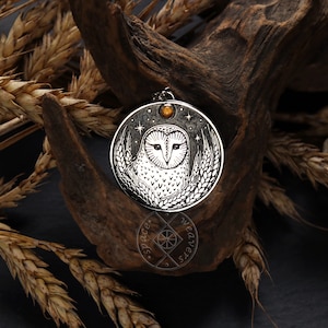 Owl and Moon Necklace - Barn Owl Pendant - Silver Owl Necklace - Citrine Harvest Necklace - Moon Necklace