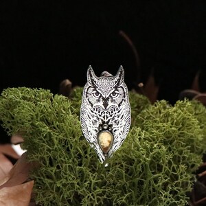 Silver Owl Necklace - Great Horned Owl Pendant - Citrine Necklace - Wisdom Pendant