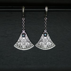 Silver Lotus Earrings - Ancient Egyptian Style - Long Moonstone  Earrings
