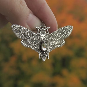 Death's Head Moth Necklace in Sterling Silver, Clear Quartz