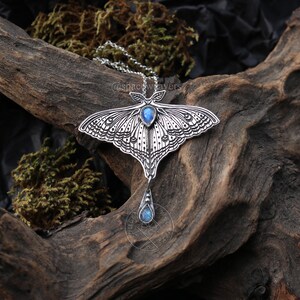 Sterling Silver Luna Moth Necklace – Rainbow Moonstone Pendant