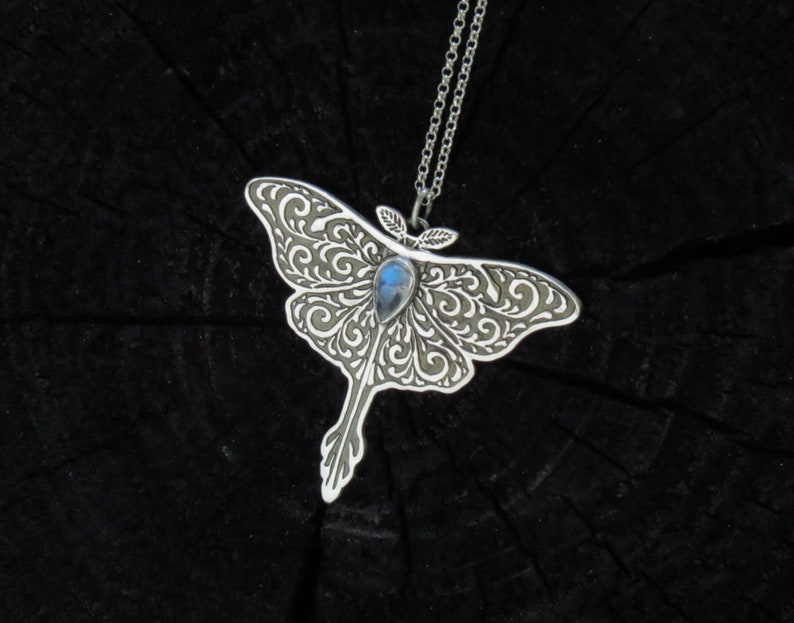 Luna Moth Necklace - Sterling Silver Butterfly Necklace - Mixed Metal Moth Pendant - Rainbow Moonstone Moth Pendant 