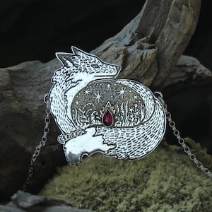 Fox Necklace - Fern Necklace - Silver Necklace - Etched Necklace