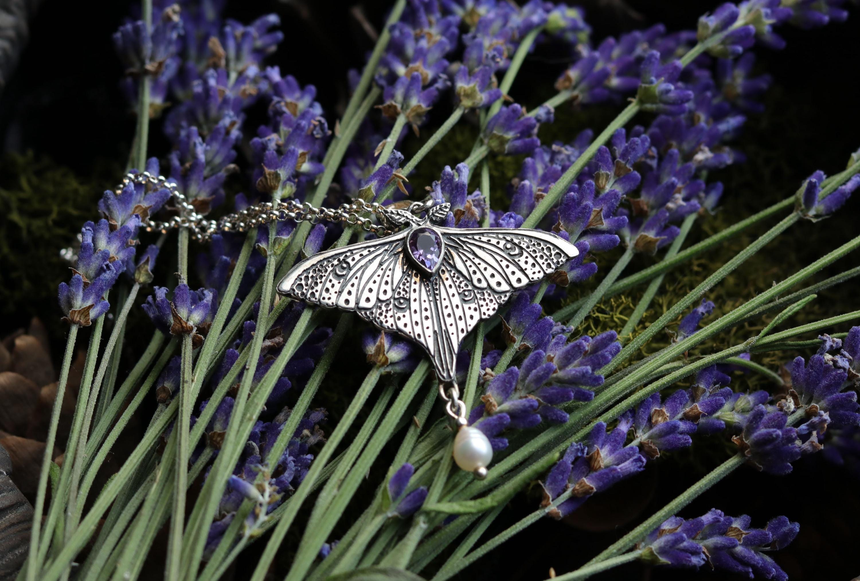 Luna Moth Necklace - Sterling Silver Butterfly Necklace - 925 Silver Moth Pendant - Amethyst and Pearl Moth Pendant