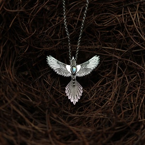 Magpie Necklace - Silver bird Pendant - Rainbow moonstone - Blue Flying bird - Feather Pendant
