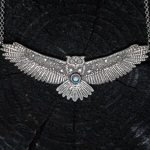 Handmade Sterling Silver Owl Necklace – Rainbow Moonstone, Starry Sky
