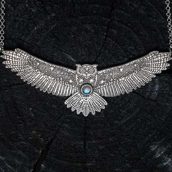 Handmade Sterling Silver Owl Necklace – Rainbow Moonstone, Starry Sky