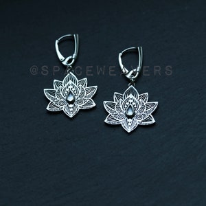 Lotus Earrings - Sterling Silver Water Lily Earrings - clear moonstone dangle earrings