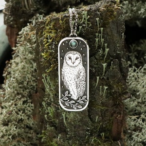 Owl Necklace - Barn Owl Pendant - Silver Owl Necklace - Sterling Silver Owl - Wisdom Necklace - Labradorite Necklace - Moon Necklace