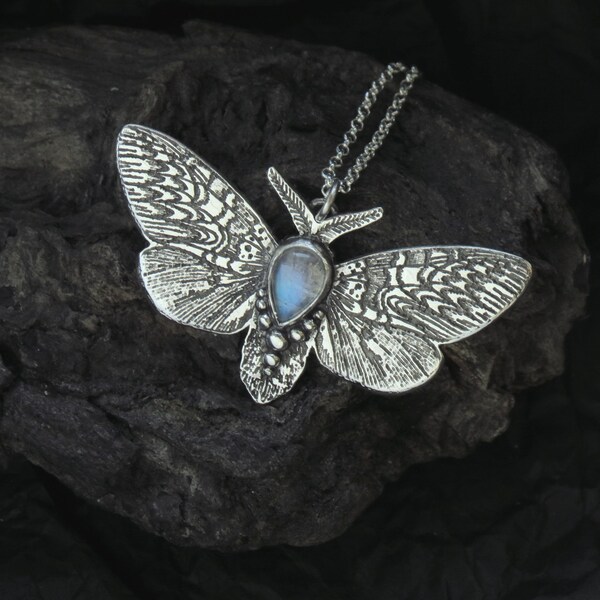 Moth Necklace - Silver Butterfly Necklace - Silver Moth Necklace - Rainbow Moonstone Moth Necklace