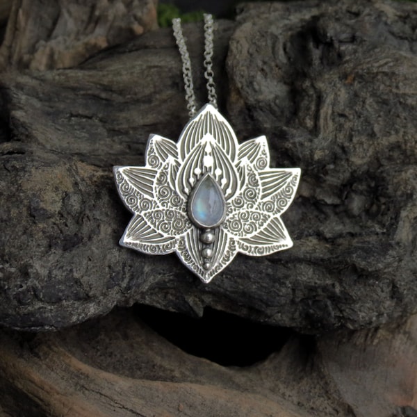 Lotus Necklace - Silver Moonstone Chakra Necklace - Yoga Pendant