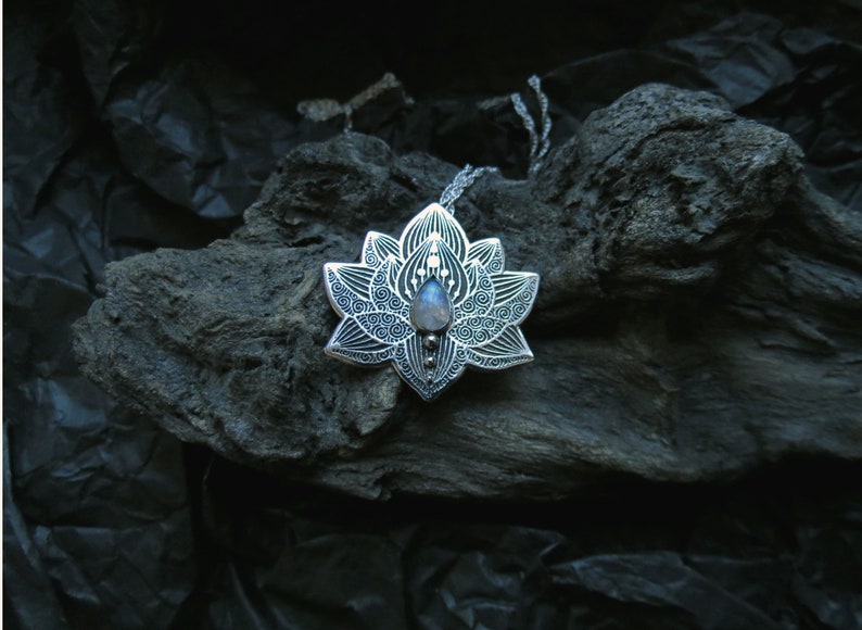 Lotus Yoga Pendant in sterling Silver, Moonstone Chakra Necklace 