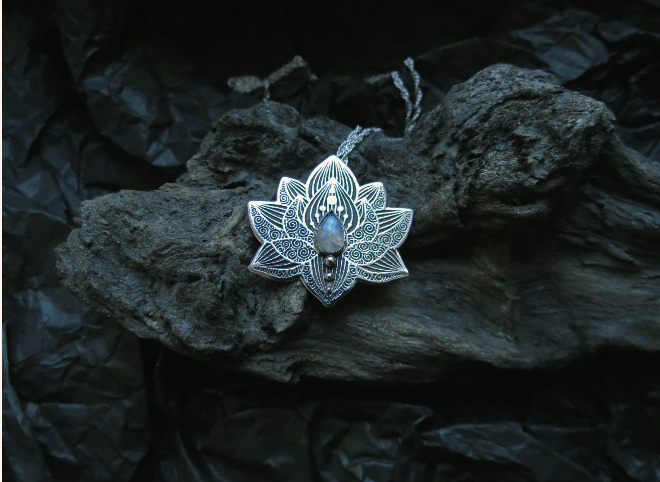 Lotus Yoga Pendant in sterling Silver, Moonstone Chakra Necklace