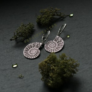 Silver Ammonite Earrings - Sterling silver Spiral earrings -Starry Sky Dangle Earrings
