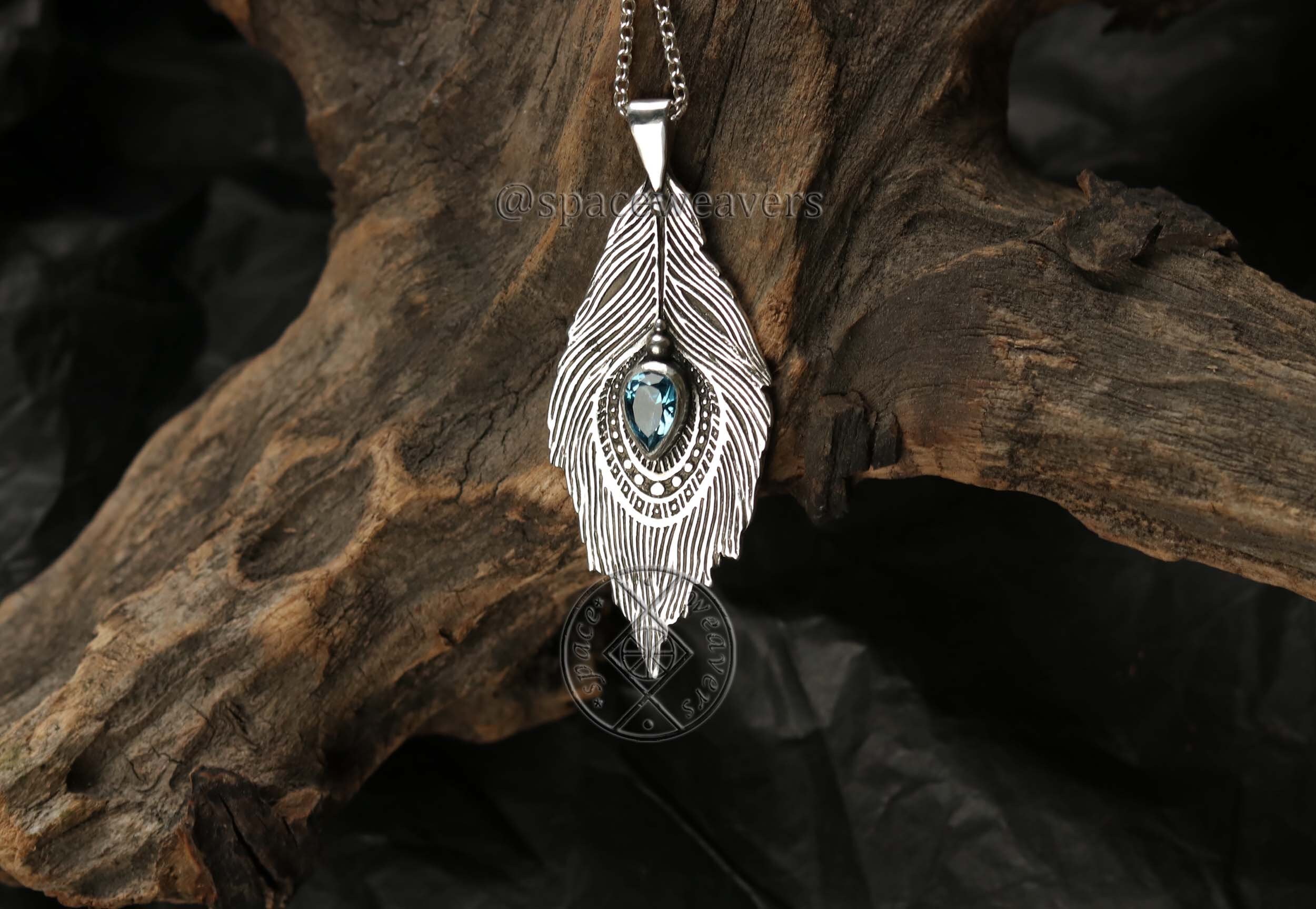 Peacock Feather Necklace - London Blue Topaz Necklace - Blue