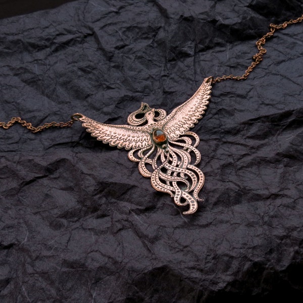 Phoenix Necklace Etched Flaming Bird