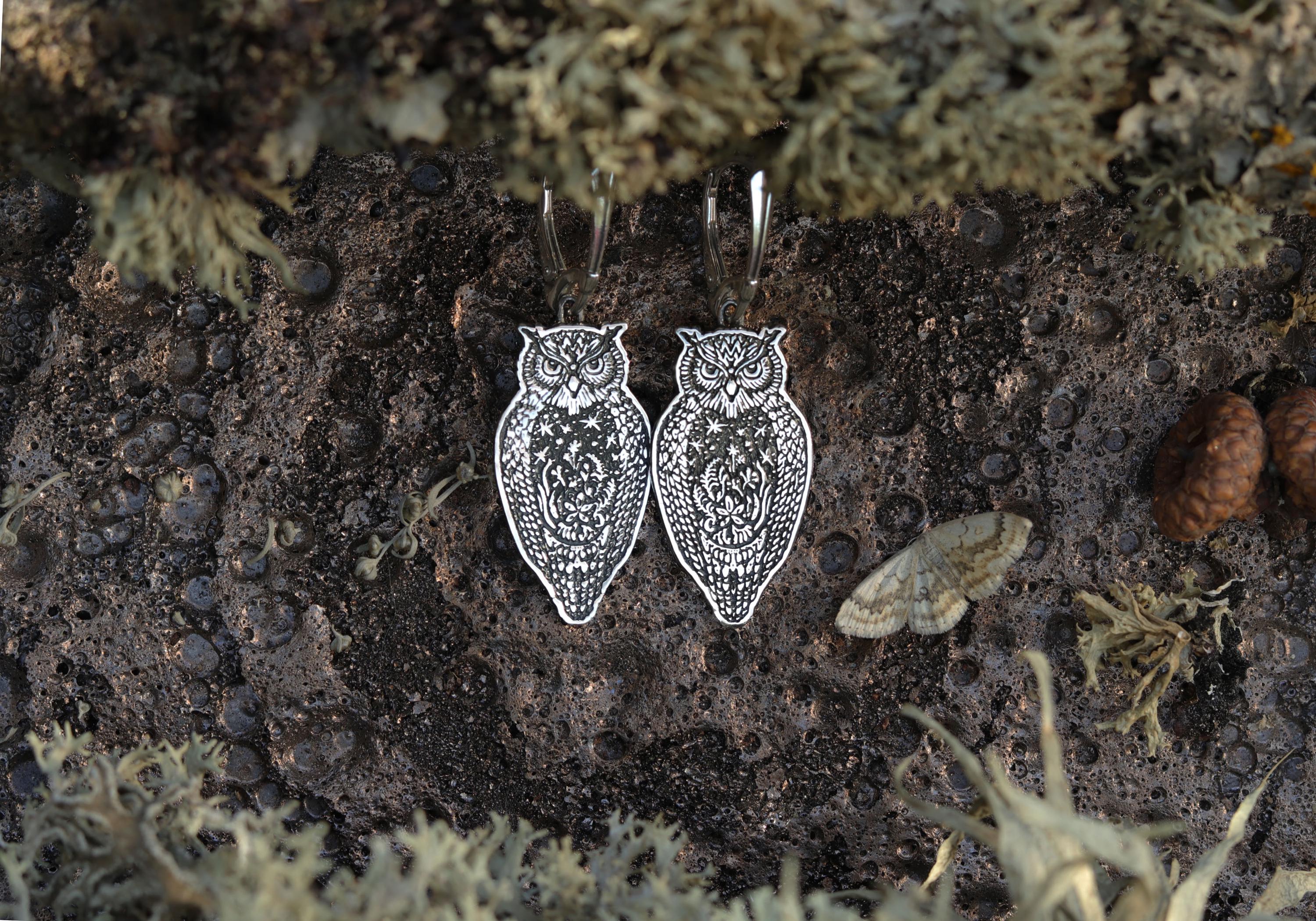 Owl Earrings - Eagle Owl Earrings - Silver Owl Earrings - Wisdom Earrings - Dangle Earrings - Star E