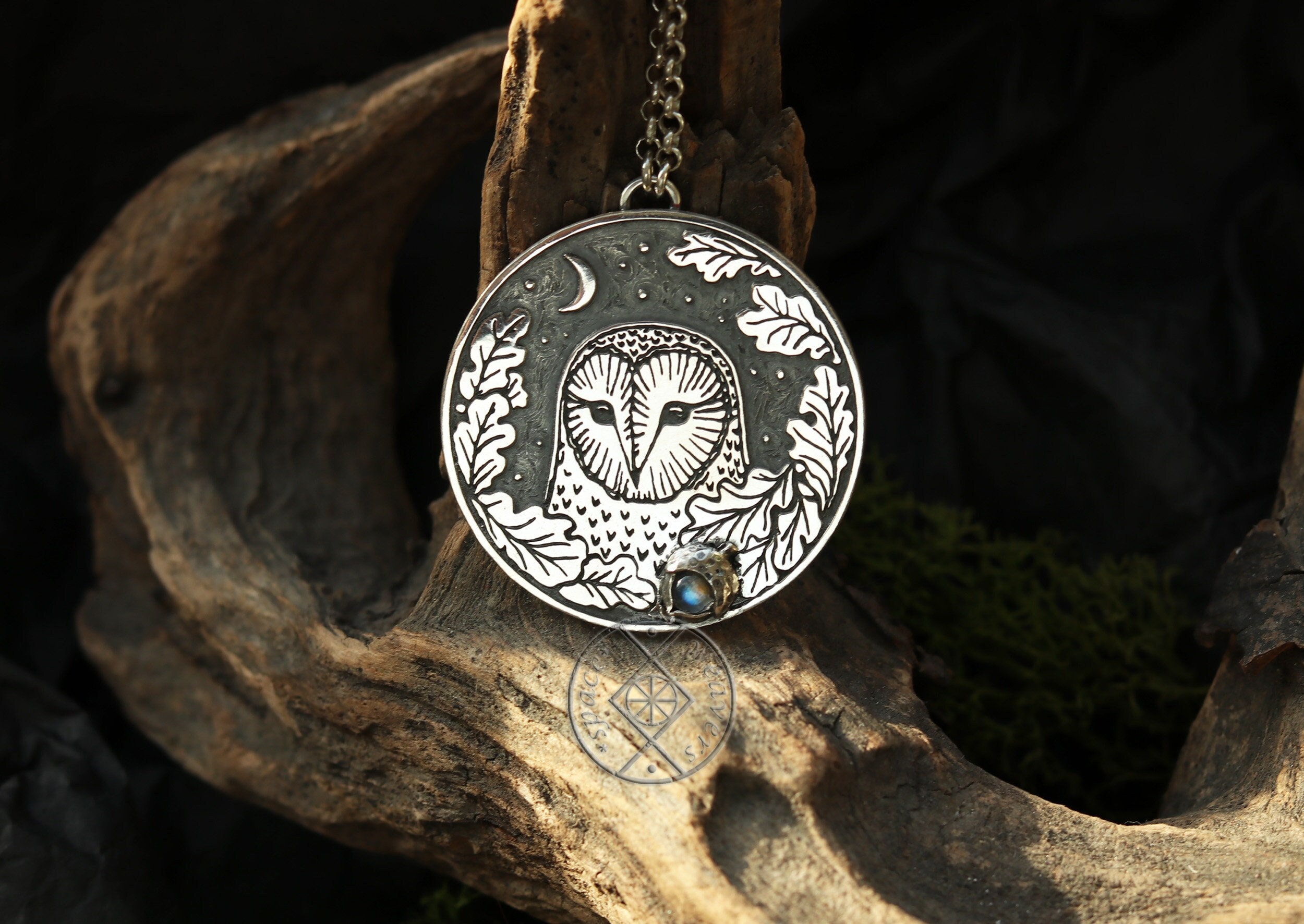 Owl and Moon Necklace - Barn Owl Pendant - Silver Moonstone Owl Necklace - Crescent Harvest Necklace