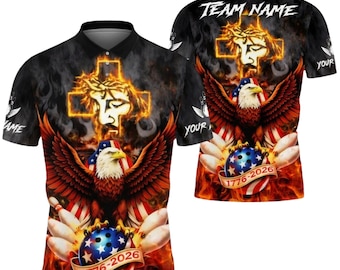 Polo de bolos Eagle personalizado, camiseta de equipo patriótica cristiana, camiseta de bolos USA personalizada 1776 2026 para hombres, mujeres y unisex. Regalo ideal.
