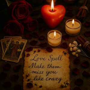 Könnte beinhalten: Romantisches Stillleben mit einer herzförmigen roten Kerze mit brennendem Docht, umgeben von anderen Kerzen, roten Rosenblättern und Tarotkarten. Eine Pergamentrolle trägt die Aufschrift "Love Spell Make them miss you like crazy."