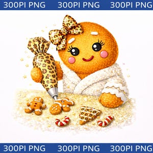 May include: A whimsical illustration of a gingerbread cookie character wearing a leopard print bow and robe, holding a piping bag. Several gingerbread cookies and candies are scattered around, creating a festive and playful scene.