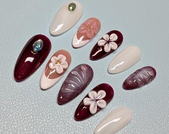 Prensa floral en uñas, color burdeos