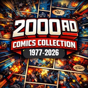 May include: A graphic collage of comic book panels featuring vibrant action scenes with explosions and stars. The text 2000 AD COMICS COLLECTION 1977-2026 is prominently displayed in the center with bold white lettering on a red and black background.