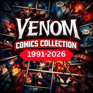 Peut inclure: Un graphique numérique présentant le texte VENOM COMICS COLLECTION 1991-2026 en lettres blanches et rouges. L'arrière-plan se compose d'un collage de diverses planches de bandes dessinées aux couleurs sombres et vives, dont le rouge, le bleu et le noir.