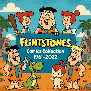 Pode incluir: Uma ilustração digital apresentando os personagens dos Flintstones, incluindo Fred, Wilma, Barney, Betty, Dino e Pebbles. Uma grande placa azul no centro exibe o texto "FLINTSTONES Comics Collection 1961-2022" contra um fundo pré-histórico.