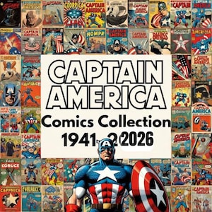Könnte beinhalten: Eine Collage aus alten Captain America Comic-Covern um ein weißes Mittelfeld mit dem Text CAPTAIN AMERICA Comics Collection 1941-2026. Unten befindet sich eine große Illustration von Captain America, der einen Schild hält.