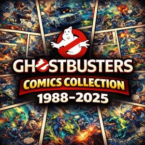 May include: A Ghostbusters Comics Collection 1988-2025 graphic art piece featuring a collage of colorful comic book panels, the iconic white ghost logo with a red circle and slash, and the bold text Ghostbusters Comics Collection 1988-2025.