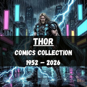 Może przedstawiać: Cyfrowa ilustracja przedstawiająca Thora stojącego na deszczowej ulicy z neonami i błyskawicami. Tekst głosi THOR COMICS COLLECTION 1952 - 2026. Thor ma na sobie ciemną zbroję z jasnoniebieskimi akcentami i trzyma młot w miejskiej scenerii.