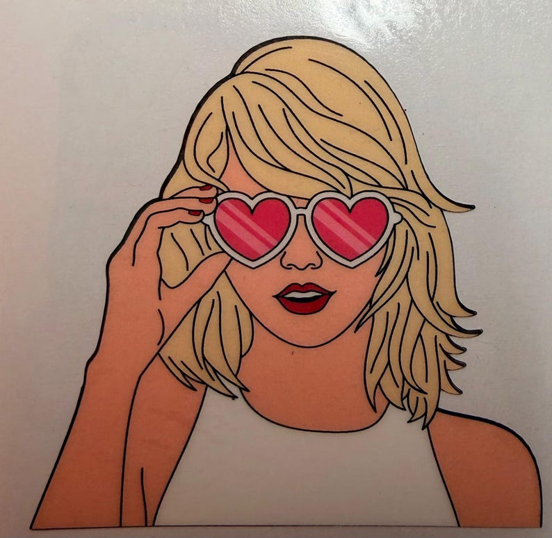 May include: A graphic illustration of a person with shoulder-length blonde hair wearing heart-shaped sunglasses with pink lenses and white frames. The person has red lipstick and is wearing a plain white top, depicted in a clean, comic-book style.