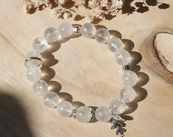 Sterling Silver Natural White Phantom Quartz Crystal Beads Elastic Bracelet