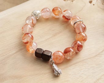 Silver Natural Fanta Petal Crystal Agarwood Beaded Elastic Bracelet