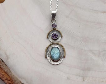 Handmade Sterling Silver Oval Labradorite Amethyst Pendant Necklace