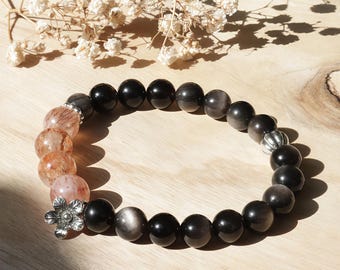 Sterling Silver Natural Obsidian Stone Black Super Seven Quartz Beaded Elastic Bracelet