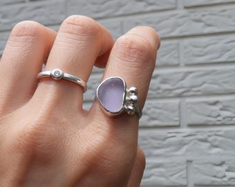 Handmade 925 Sterling Silver Genuine Purple Sea Glass Ring Unique Elegant Seaglass