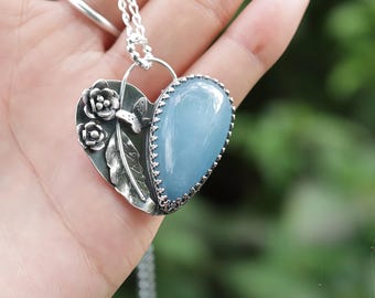 Handmade 925 Silver Teardrop Natural Aquamarine Heart Flowers Butterfly Necklace