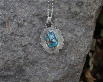 Handmade 925 Silver Flower Shape Oval Blue Copper Turquoise Necklace