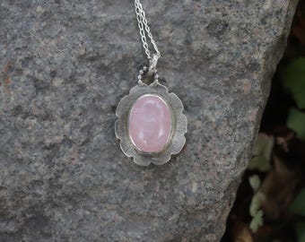 Handmade 925 Silver Vintage Flower Natural Rose Quartz Pendant Necklace