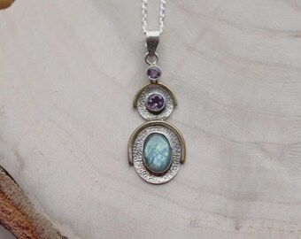Handmade Sterling Silver Oval Labradorite Amethyst Pendant Necklace