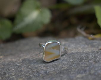 925 Sterling Silver Genuine Yellow Coffee Brown Sea Glass Style Letter S Ring Vintage