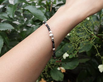925 Sterling Cat Eye Frosted Silver Beads Black Spinel Beads Bracelet