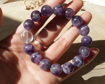 Natural Uruguayan Amethyst White Crystal Beaded Elastic Bracelet